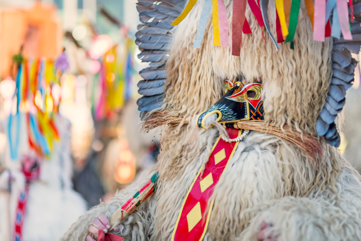Person in elaborate fur costume with colorful ribbons and a mask at a festival.