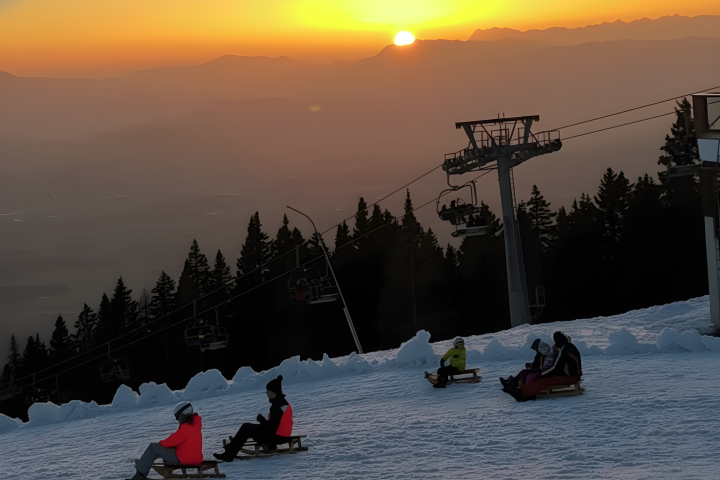 Silhouettes sledding on snowy hill at sunset with a ski lift and trees in the background.