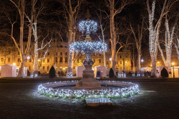 Fountain in park with trees wrapped in festive lights at night.