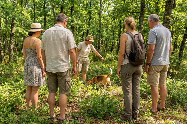 Five people and a dog in a forest, one person pointing at something.
