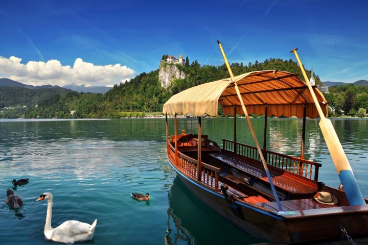Wooden boat on Lake Bled with swans, castle on cliff, and mountains in background.
