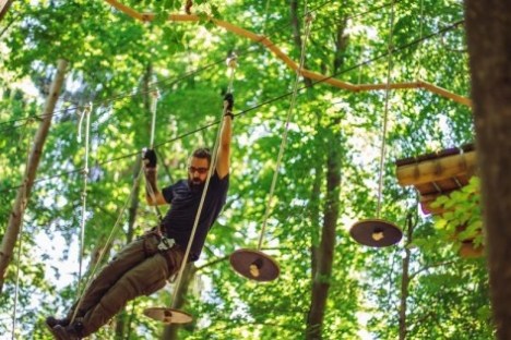 Man in harness navigating a high ropes course in a forest.