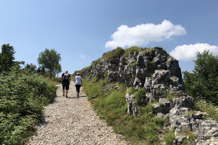 Two people hiking up a rocky trail surrounded by greenery under a clear blue sky.