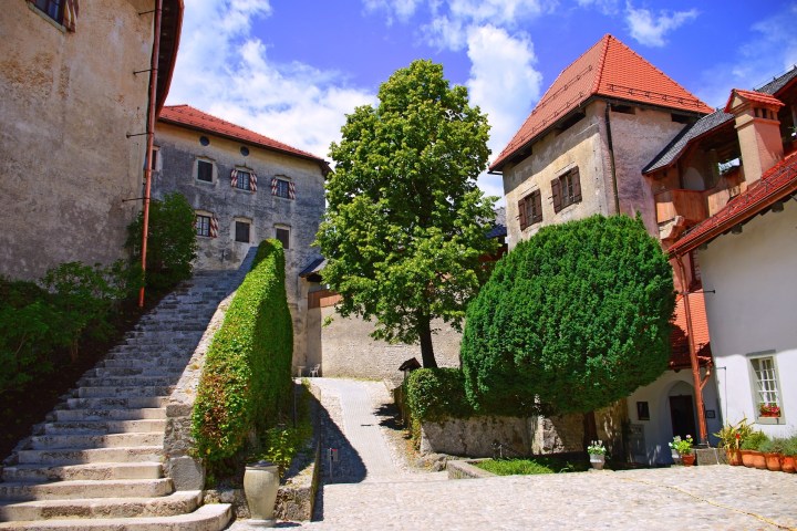 Stone pathway, stairs, and old buildings with slanted red roofs and trees under a blue sky.