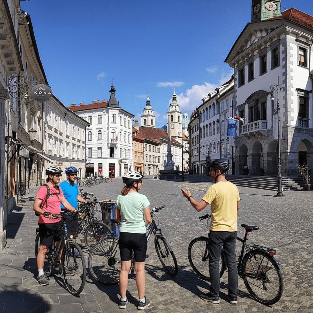 Group of cyclists in a European square with historic buildings under a clear blue sky.