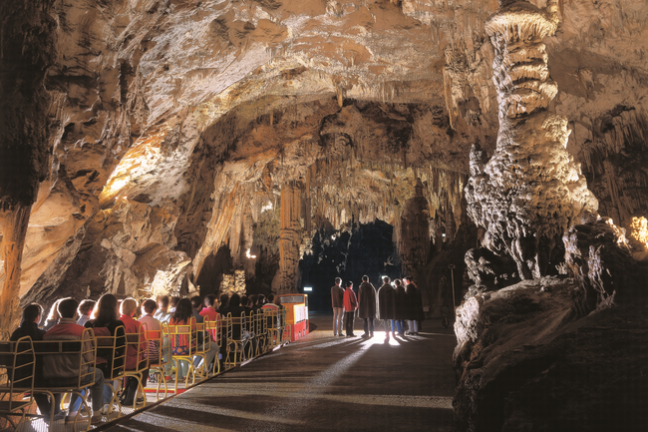 People sitting on a tourist train inside a cave with stalactites and stalagmites visible.