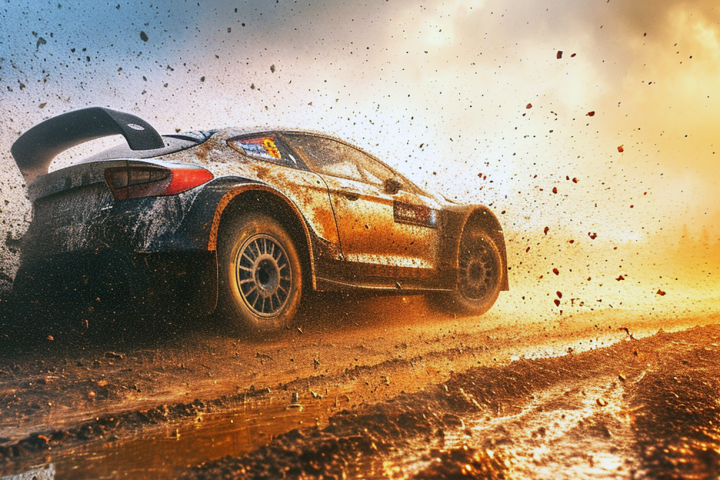 Rally car speeding on muddy track with flying dirt at sunset.